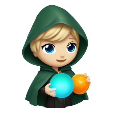 Taylor swift with blue eyes in dark green cloak holding an orange glowing orb sticker