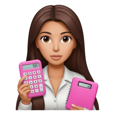 Hyper realistic kim kardashian with long straight brown hair holding a small pink calculator in her hand sticker