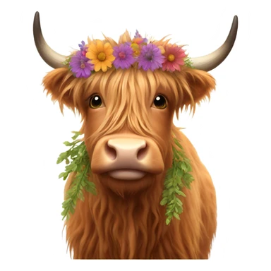 Highland cow with a flower wreath sticker