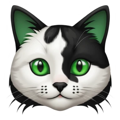 black and white long hair cat. green eyes. black nose. black splotch in the shape of a star near nose (on the right side). sticker