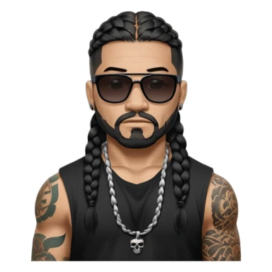 Remove hair from upper lip area.Samoan male. Facial hair on chin only.
No mustache hair, just chin.
Untucked loose fitting black t-shirt. 
long black braided hair.
very muscular.
Even More tattoos. 
Tough and menacing.
Dark black square sunglasses. sticker