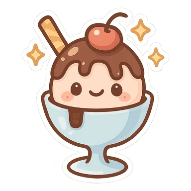 chibi sticker-style ice cream sundae with sparkles, cute and exaggerated sticker