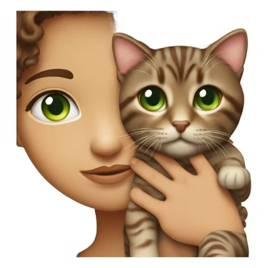 Dark brown curly haired girl with hazel eyes kissing a brown tabby cat with green eyes sticker