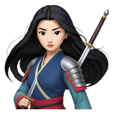 Cinematic Realistic Mulan Portrait, depicted with lifelike skin texture, soft natural lighting, and intricately detailed long black hair styled elegantly. Her deep, expressive eyes exude determination and grace, complemented by a serene yet confident expression. She stands with one hand resting on the hilt of her sword, the other by her side, exuding strength and poise. She is dressed in her classic attire, with rich fabric textures and delicate folds that catch the light beautifully. The portrait features a soft, enchanting glow with a natural, radiant finish, capturing the essence of timeless strength and beauty in a realistic and painterly style, evoking a sense of depth and authenticity. sticker
