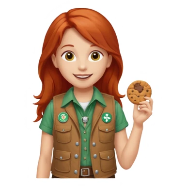 happy white girl scout with red long hair selling cookies with a brown Girl Scout vest and white shirt under vest. She should be around 10 years old sticker