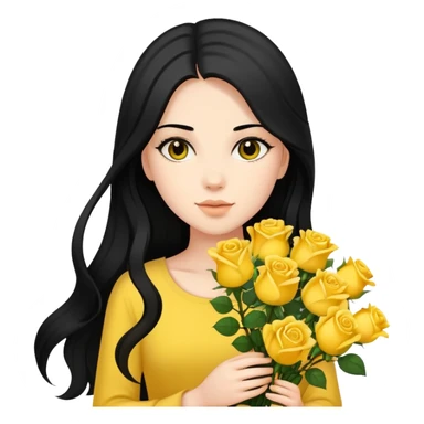 Beautiful girl with long black hair holding a bouquet of yellow roses sticker