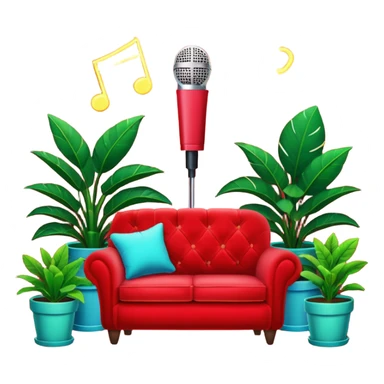 red velvet couch, stand microphone, houseplants, neon sign "karaoke" sticker