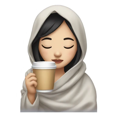 Asian girl inside a blanket sipping coffee eyes closed black hair sticker