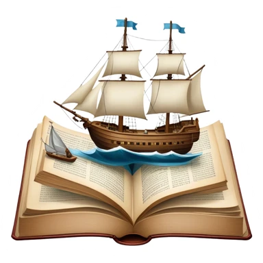 Collage for Reading Fiction: Cola large open book with pages turning into a sailing ship, with musketeers on horseback, and Sherlock Holmes with a magnifying glass standing nearby. The icon should evoke the adventure and romance of exploring fictional worlds. Transparent background sticker