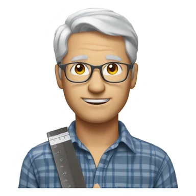 man with plaid shirt, gray hair, no glasses, holding a ruler. sticker
