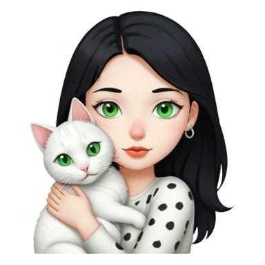 girl with black hair, green eyes, nose piercing, lip piercing hugs white cat with gray spots on head sticker