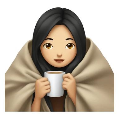Asian girl inside a blanket sipping coffee eyes closed black hair sticker