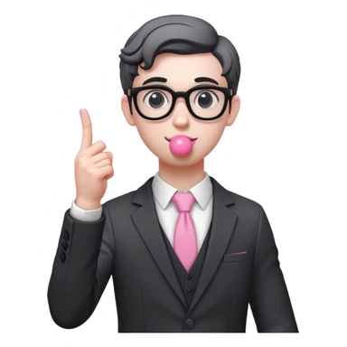 Aesthetic, greek urban sculpture, nerd, aesthetic greek sculpture young nerd, white nerd sculpture character, black suit, gray background, chewing a ball of pink gum, raising the index finger upwards sticker