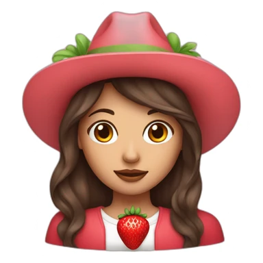 Brunette girl with long wolf cut hair and strawberry hat sticker