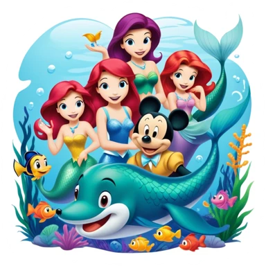 Colorful icon for Animated Movies: A vibrant collage featuring iconic characters like Goofy, Mickey Mouse, Ariel the Little Mermaid, Jasmine, Masha and the Bear, and Luntik. Each character should be large and bright, set against a cheerful and playful background. Transparent background. sticker