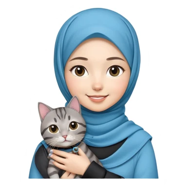 Asian White girl wearing cute hijab holding a black grey tabby cat while smiling. The cat is wearing a blue collar sticker