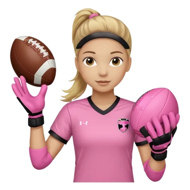 Make a dirty blonde football goalkeeper with goalkeeper gloves on holding a regular football. NOT AN AMERICAN FOOTBALK BALL. The girl is light skinned and wearing a light pink football. Wearing a ponytail with the dirty blonde. Make it without the whole body sticker
