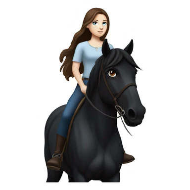 Girl with white skin, blue eyes and brown hair riding a Black horse with long mane and dark eyes. We see them from the side, they are causally walking sticker