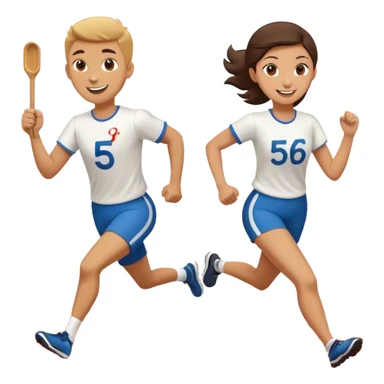 Show the baton being passed off like in a relay race. Make them smiling  and running in a track relay race. One needs to be running and hanging one baton to the other. Put the number 56 o  their shirts sticker