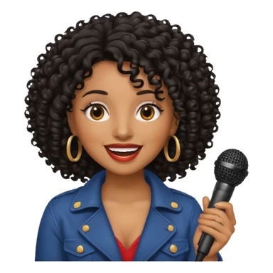 brown skin woman, curly black hair, singer, hold micro sticker