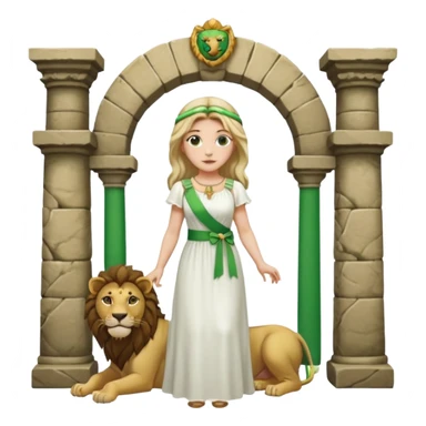 Un drapeau  avec 2 bande verte qui et une bande blanche au milieu avec une femme avec 1 lion de chaque coter d’elle sous un arc en pierre  sticker