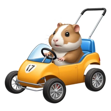 Racing car whose frame and suspension is made of shopping cart material with a large rear spoiler is being professionally steered driven by a small thin Guinea pig  sticker