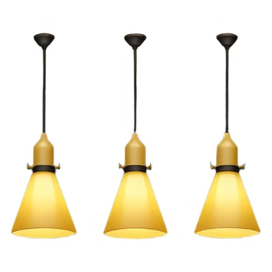 three hanging lamps in a dark room, only the middle lamp is dimly lit, casting a soft yellow cone of light downward, the rest of the room and other lamps remain in total darkness, minimalist cinematic lighting, moody atmosphere, black background, no people sticker