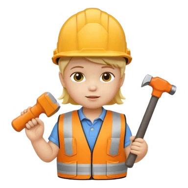 toddler wearing oversized construction helmet and safety vest holding tiny hammer, 3D emoji style sticker
