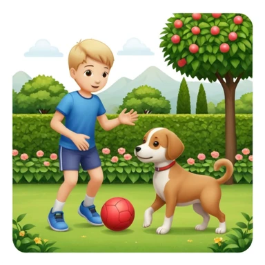 kid and dog playing with ball, garden background sticker