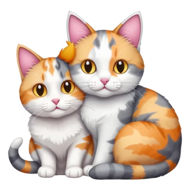 grey and white cat cuddling a colourful light patched calico + white tabby cat sticker