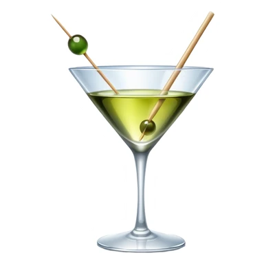 martini glass with crystal clear transparent liquid and an olive at the bottom skewered by a toothpick sticker