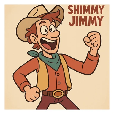 Shimmy Jimmy, Blended movie, energetic expression, colorful attire, animated cartoon style sticker