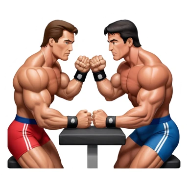 Arnold Schwarzenegger VS Sylvester Stallone from 'Over the Top,' locked in an arm wrestling battle, using only their right hands. Their left hands rest on the table. Both display immense strength, with muscular arms flexing, under bright competition lights. Transparent background. sticker