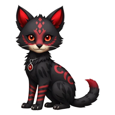 Cute accessorized kawaii cool edgy badass  dark obsidian-black fur with crimson glowing runic markings fantasy-caracal-civet-genet-sergal-vernid-Gryphon-Cacomistle-Trico-oncilla-animal-Fakémon-hybrid-fursona (full body), facial markings, (realism style) sticker