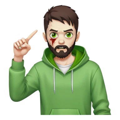 zombie pointing finger, undercut hairstyle with dark brown hair, short full beard, bright green eyes, wearing plain white hoodie sticker