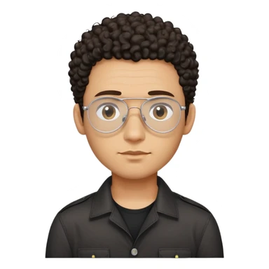 Man with small face and prominent forehead, teardrop-shaped aviator glasses, very minimal dark curly hair on top with completely shaved sides, light brown complexion, gentle expression, black button-up shirt sticker