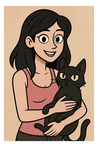 pretty woman with black hair and brown eyes, wearing a pink tank top, holding a black cat, soft cartoon style sticker