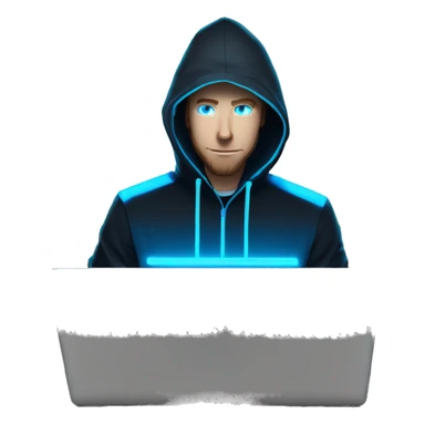 Man developer behind his laptop with this style : Alan Walker Singer neon glowing bright blue character blue black hooded hacker themed character sticker