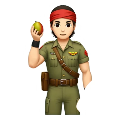 quiero que crees la imange de un Mango con Brazos fuertes y piernas como las de un culturista, que lleve uniforme militar de selva y que tenga pelo largo y una bandana roja en la cabeza como la de rambo y tambien que este en posicion de ataque con una ametralladora pixelart sticker
