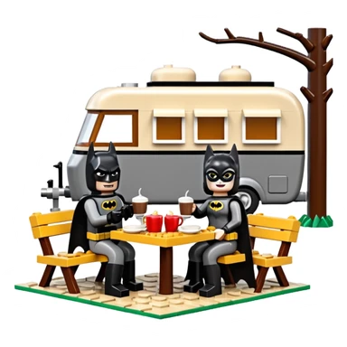  Ultra cute  Lego detailed 1854 Batman and pretty Catwoman dream house Caravan with picnic table and folding chairs alone at romantic afternoon (hot chocolate and cheeseburgers on the grill) sticker