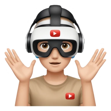 A person wearing a VR headset with the white YouTube play button logo on it sticker