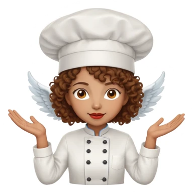 Light brown skinned mixed-race female chef with medium-length curly brown hair, wearing a chef's hat (toque), with both an angel halo and devil horns on her head sticker