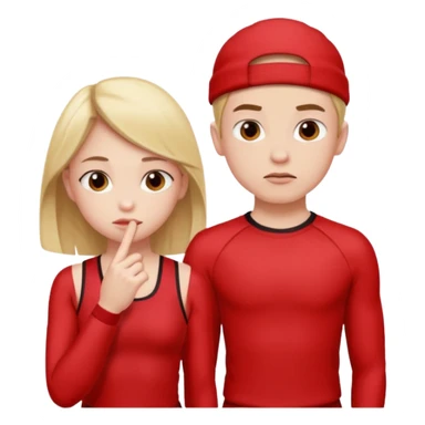 Girl and boy in red gym clothes and thoughtful faces and They have one hand on lip sticker