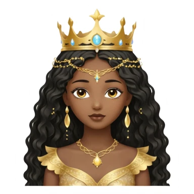 a black beautiful angel with gold pattern on her face and and long wavy black hair, she wears a ethereal crown with sparkling strings and a beautiful sparkling golden gown with moon crest in the middle of the gown, her face calm, gentle and kind, magical aura around her sticker