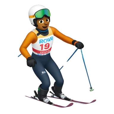 18 year old boy alpine ski racing at 60 mph wearing a bib that says Rowmark. sticker