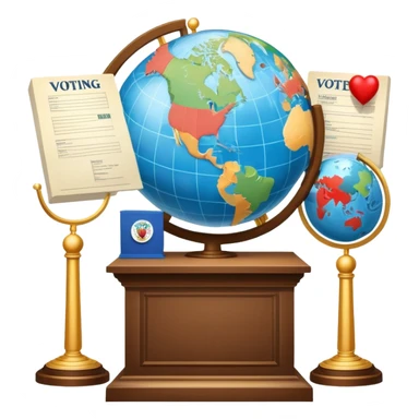 An icon featuring a podium with a speaker, a ballot box with a voting slip, and a globe, symbolizing political science. The design includes scales of justice and a world map in the background, representing governance and global politics. Transparent background highlights political analysis. sticker