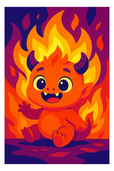 adorable baby monster in flames, playful and friendly expression, vibrant colors, fantasy illustration sticker