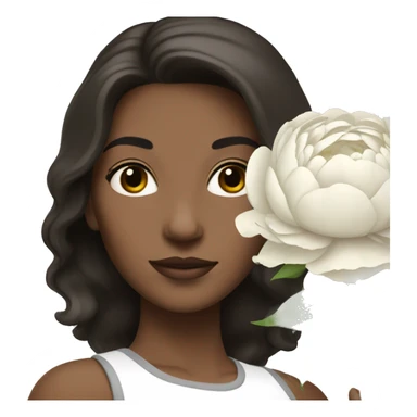 A white woman with shoulder length dark brown hair holding a bouquet of white peonies sticker