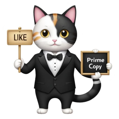 A cat in a black business suit holds a sign with the inscription "PrimeCopy" with one paw and shows a like with the other paw sticker