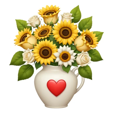 Bouquet with yellow roses sunflowers and white roses in a white vases with hearts and a white bow sticker